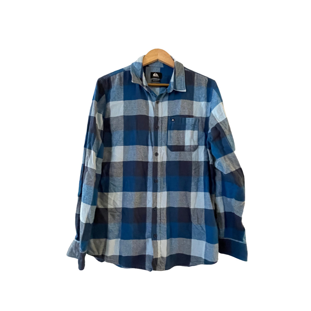 Quiksilver Flannel Shirt Blue Buffalo Plaid Button Down Regular Fit Small Exc